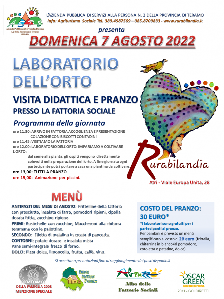 Domenica 7 Agosto 2022. Laboratorio dell'orto VISITA DIDATTICA E PRANZO PRESSO LA FATTORIA SOCIALE