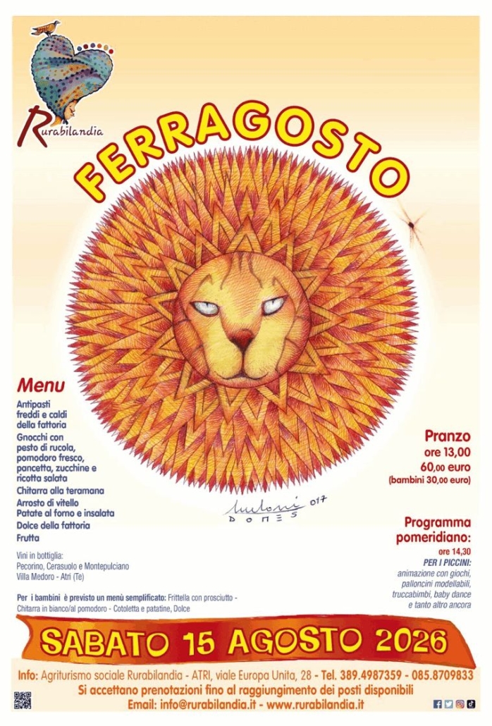 Manifesto del Ferragosto 2026 di Rurabilandia con illustrazione di un leone stilizzato, menù del pranzo, programma pomeridiano per bambini e informazioni su data, prezzi e prenotazioni.