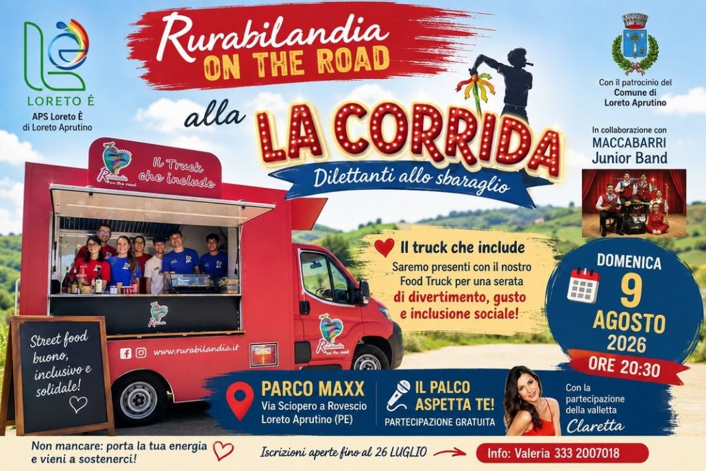 Locandina della Corrida – Dilettanti allo sbaraglio in programma domenica 9 agosto 2026 al Parco Maxx di Loreto Aprutino con la partecipazione del Food Truck di Rurabilandia On The Road.