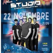 Locandina ufficiale dell'evento A Pranzo con gli Studio Cinquantaquattro a Rurabilandia il 22 novembre 2026, con grafica stile disco music, palla a specchi specchiata, i membri della band abruzzese e il menu completo.