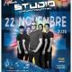 Locandina ufficiale dell'evento A Pranzo con gli Studio Cinquantaquattro a Rurabilandia il 22 novembre 2026, con grafica stile disco music, palla a specchi specchiata, i membri della band abruzzese e il menu completo.