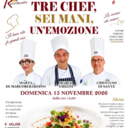 Locandina ufficiale del pranzo evento Cooking Show Live a Rurabilandia il 15 novembre 2026 con i volti degli chef Marta Di Marcoberardino, Marco Urbani e Cristiano Di Sante, i loghi dell'Associazione Provinciale Cuochi Teramo e il menu completo dei piatti.