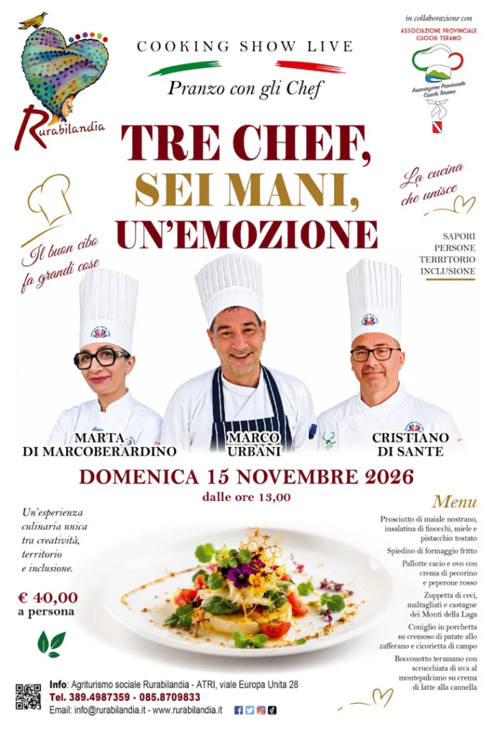 Locandina ufficiale del pranzo evento Cooking Show Live a Rurabilandia il 15 novembre 2026 con i volti degli chef Marta Di Marcoberardino, Marco Urbani e Cristiano Di Sante, i loghi dell'Associazione Provinciale Cuochi Teramo e il menu completo dei piatti.