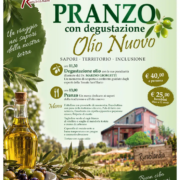 Locandina ufficiale dell'evento Pranzo con degustazione Olio Nuovo a Rurabilandia l'8 novembre 2026, con le foto di una bottiglia d'olio, olive in ciotola e il programma dettagliato della giornata.