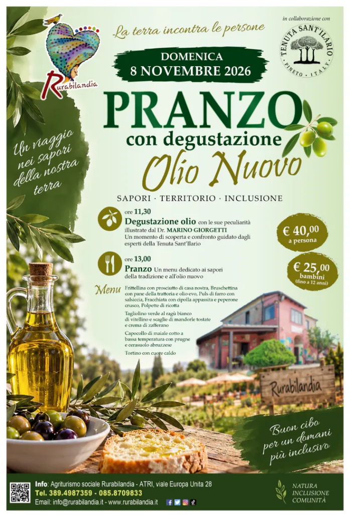 Locandina ufficiale dell'evento Pranzo con degustazione Olio Nuovo a Rurabilandia l'8 novembre 2026, con le foto di una bottiglia d'olio, olive in ciotola e il programma dettagliato della giornata.