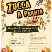 Locandina dell'evento Zucca a Pranzo del 1 novembre 2026 presso l'Agriturismo Sociale Rurabilandia con l'elenco completo del menu e i prezzi di ingresso