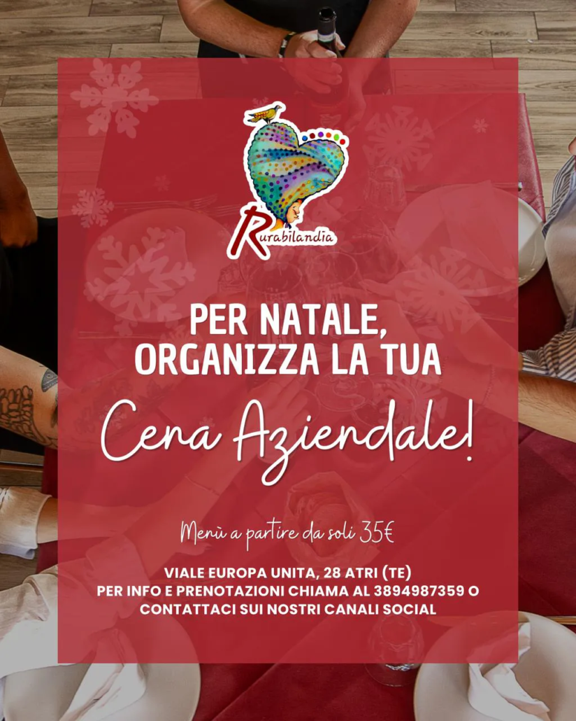 Locandina promozionale per le cene aziendali di Natale a Rurabilandia con sfondo rosso festivo, dettagli dei prezzi a partire da 35€ e contatti per le prenotazioni ad Atri.