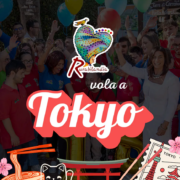 Grafica ufficiale del viaggio a Tokyo di Rurabilandia con le bandiere di Italia e Giappone, dettagli della partenza del 23 ottobre e foto della delegazione dei ragazzi.