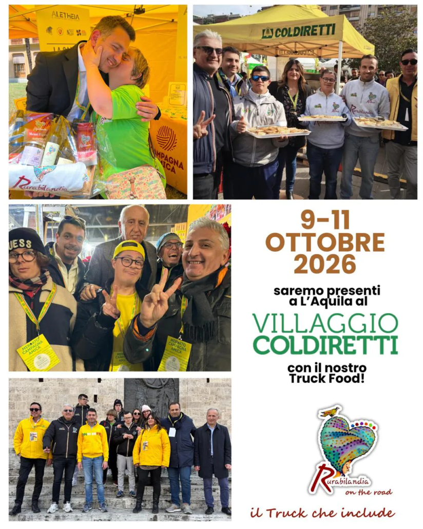 Locandina ufficiale della partecipazione di Rurabilandia On The Road al Villaggio Coldiretti dell'Aquila dal 9 all'11 ottobre 2026, con un collage fotografico dei ragazzi del centro diurno durante le attività del mercato Campagna Amica.