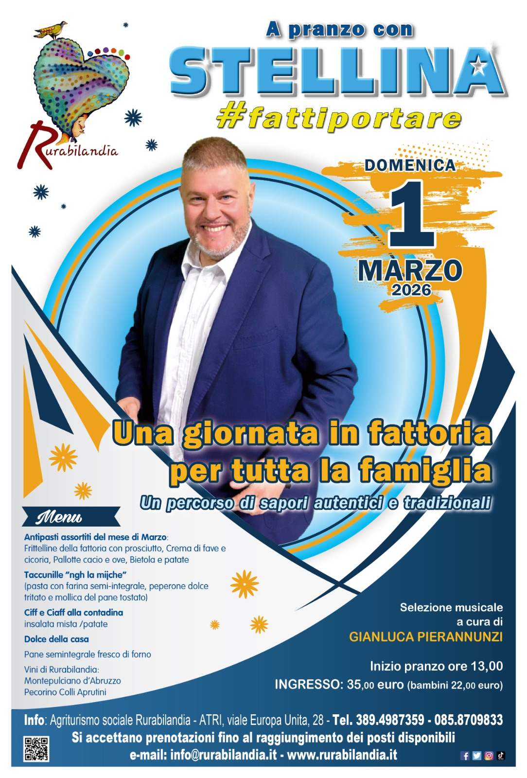 Locandina evento "A Pranzo con Stellina" a Rurabilandia. Illustrazione con il volto sorridente del comico abruzzese Stellina su uno sfondo che richiama la campagna e una tavola imbandita. Testi: Domenica 1 Marzo 2026, ore 13:00, menu tradizionale abruzzese, prezzo 35€.