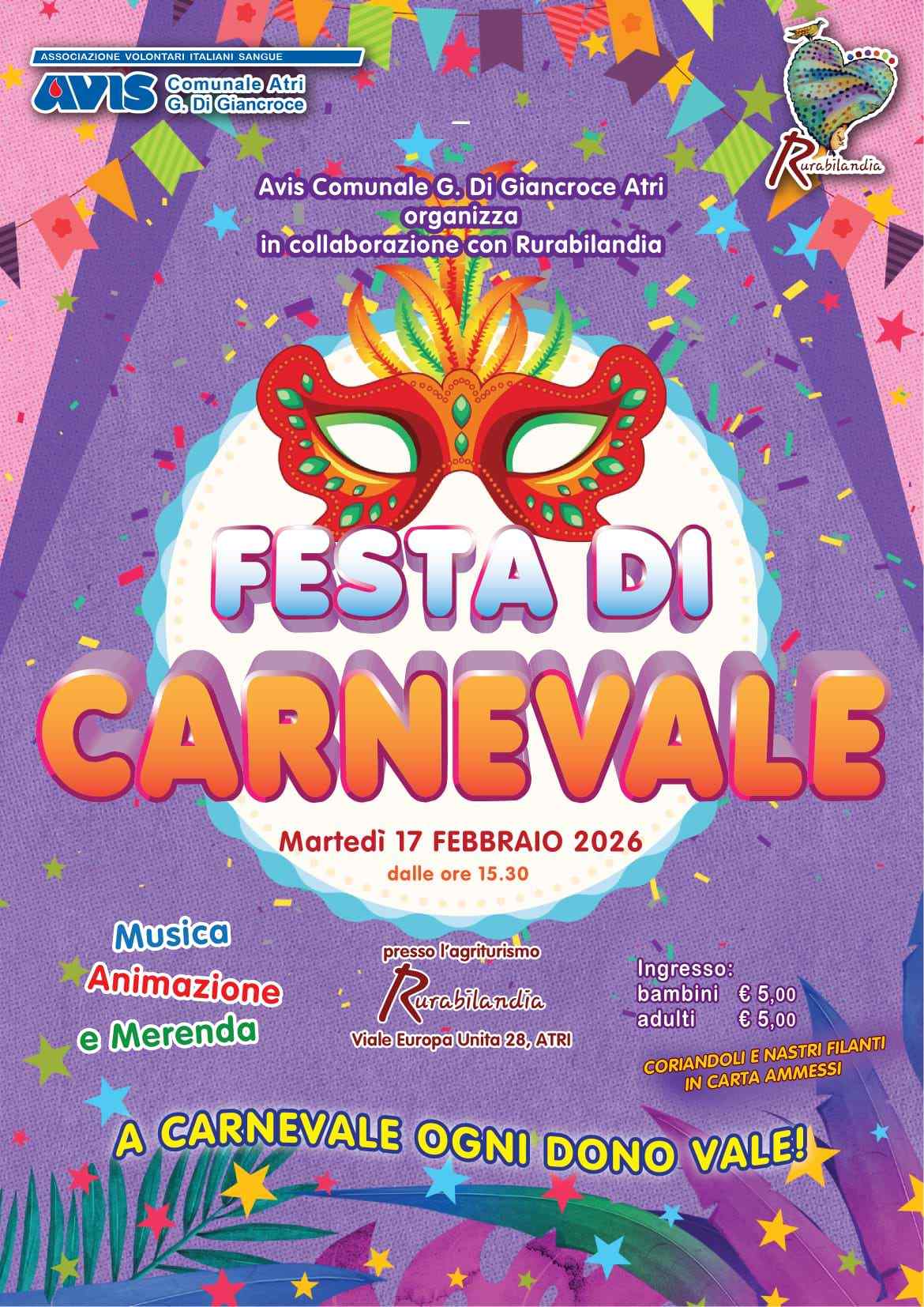Locandina della Festa di Carnevale 2026 ad Atri organizzata da AVIS e Rurabilandia